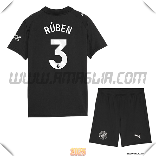 Kit Maglia da Manchester City Bambino Seconda RÚBEN #3 Nero 2025 2026