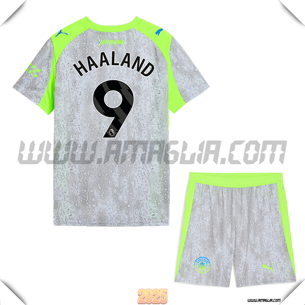 Kit Maglia da Manchester City Bambino Terzo HAALAND #9 Grigio/Verde 2025 2026