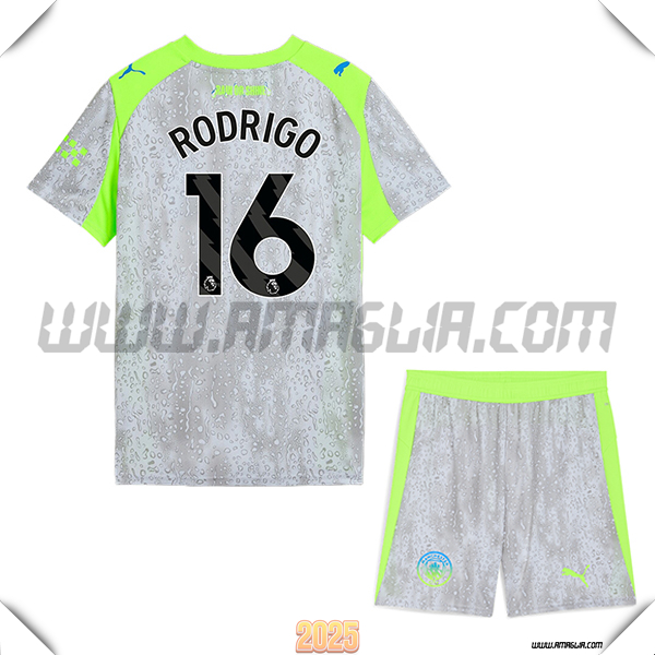 Kit Maglia da Manchester City Bambino Terzo RODRIGO #16 Grigio/Verde 2025 2026