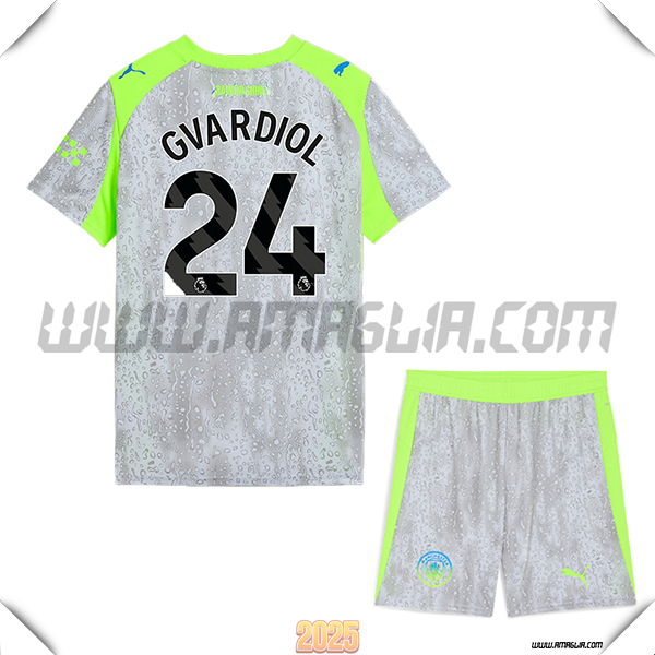 Kit Maglia da Manchester City Bambino Terzo GVARDIOL #24 Grigio/Verde 2025 2026