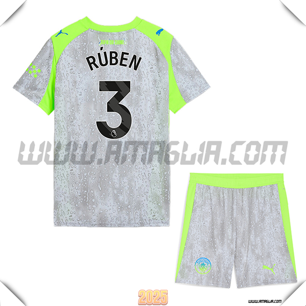 Kit Maglia da Manchester City Bambino Terzo RÚBEN #3 Grigio/Verde 2025 2026