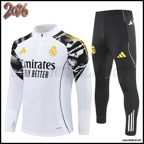 Tuta Allenamento Real Madrid Bianco/Nero/Giallo 2025 2026 -02