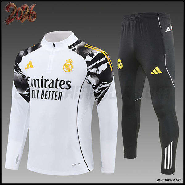 Tuta Allenamento Real Madrid Bambino Bianco/Nero/Giallo 2025 2026