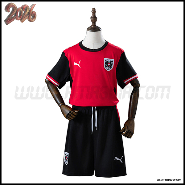 Prima Maglia Squadra Austria Bambino Coppa del Mondo 2026 Rosso/Nero