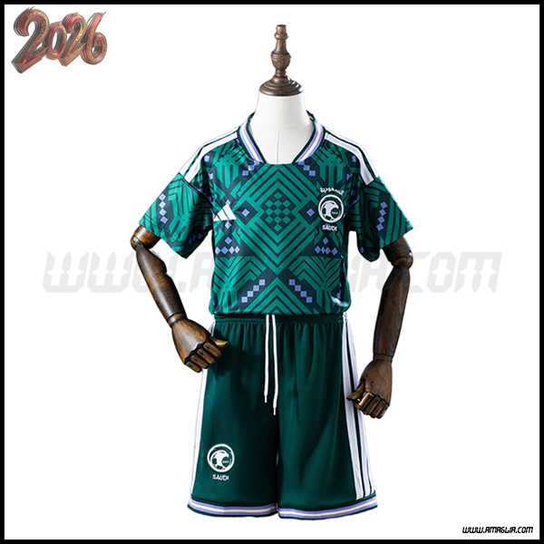 Prima Maglia Squadra Arabie Saoudite Bambino Coppa del Mondo 2026 Verde