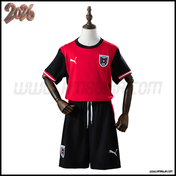 Prima Maglia Calcio Austria Bambino 2026/2027 Rosso/Nero