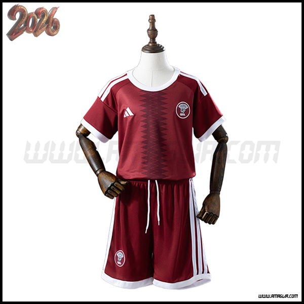 Prima Maglia Calcio Qatar Bambino 2026/2027 Rosso Brique