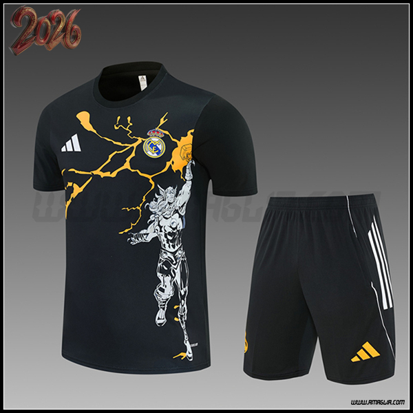 Kit Maglia Allenamento Real Madrid Bambino Nero/Giallo 2025/2026