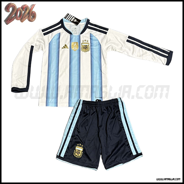 Prima Maglia Squadra Argentina Maniche Lunghe Bambino Coppa del Mondo 2026